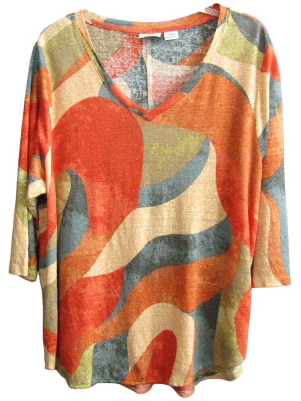 Rachel Zoe Multicolor Abstract Linen Top Women Plus Size 2X V Neck 3/4 Slv Fall